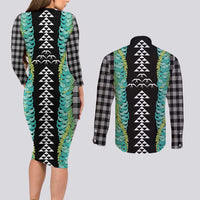 Black Palaka Hawaii Iwa Bird Couples Matching Long Sleeve Bodycon Dress and Long Sleeve Button Shirt Hawaiian Kakau Jade Vine Lei - Polynesian Pride