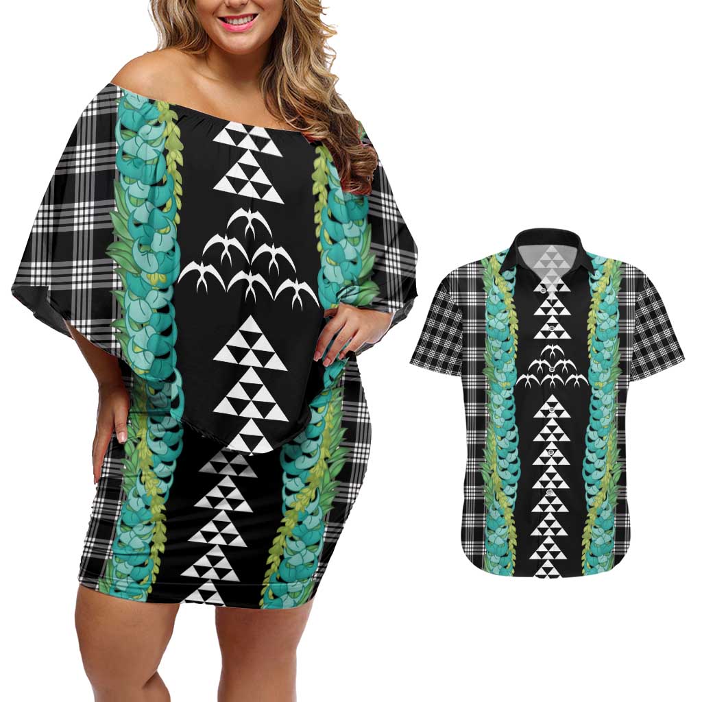 Black Palaka Hawaii Iwa Bird Couples Matching Off Shoulder Short Dress and Hawaiian Shirt Hawaiian Kakau Jade Vine Lei - Polynesian Pride