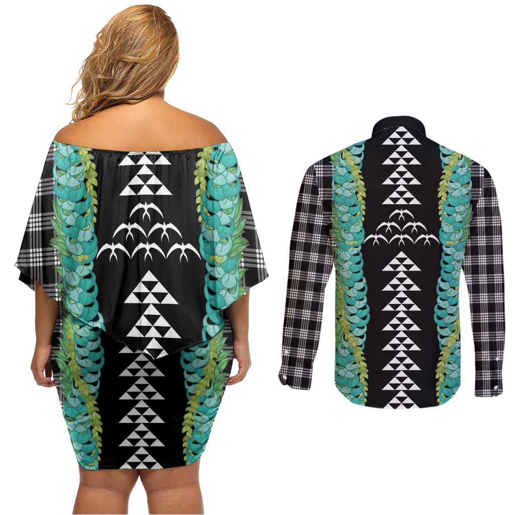 Black Palaka Hawaii Iwa Bird Couples Matching Off Shoulder Short Dress and Long Sleeve Button Shirt Hawaiian Kakau Jade Vine Lei - Polynesian Pride