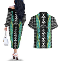 Black Palaka Hawaii Iwa Bird Couples Matching Off The Shoulder Long Sleeve Dress and Hawaiian Shirt Hawaiian Kakau Jade Vine Lei - Polynesian Pride