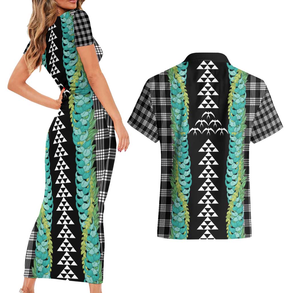 Black Palaka Hawaii Iwa Bird Couples Matching Short Sleeve Bodycon Dress and Hawaiian Shirt Hawaiian Kakau Jade Vine Lei - Polynesian Pride