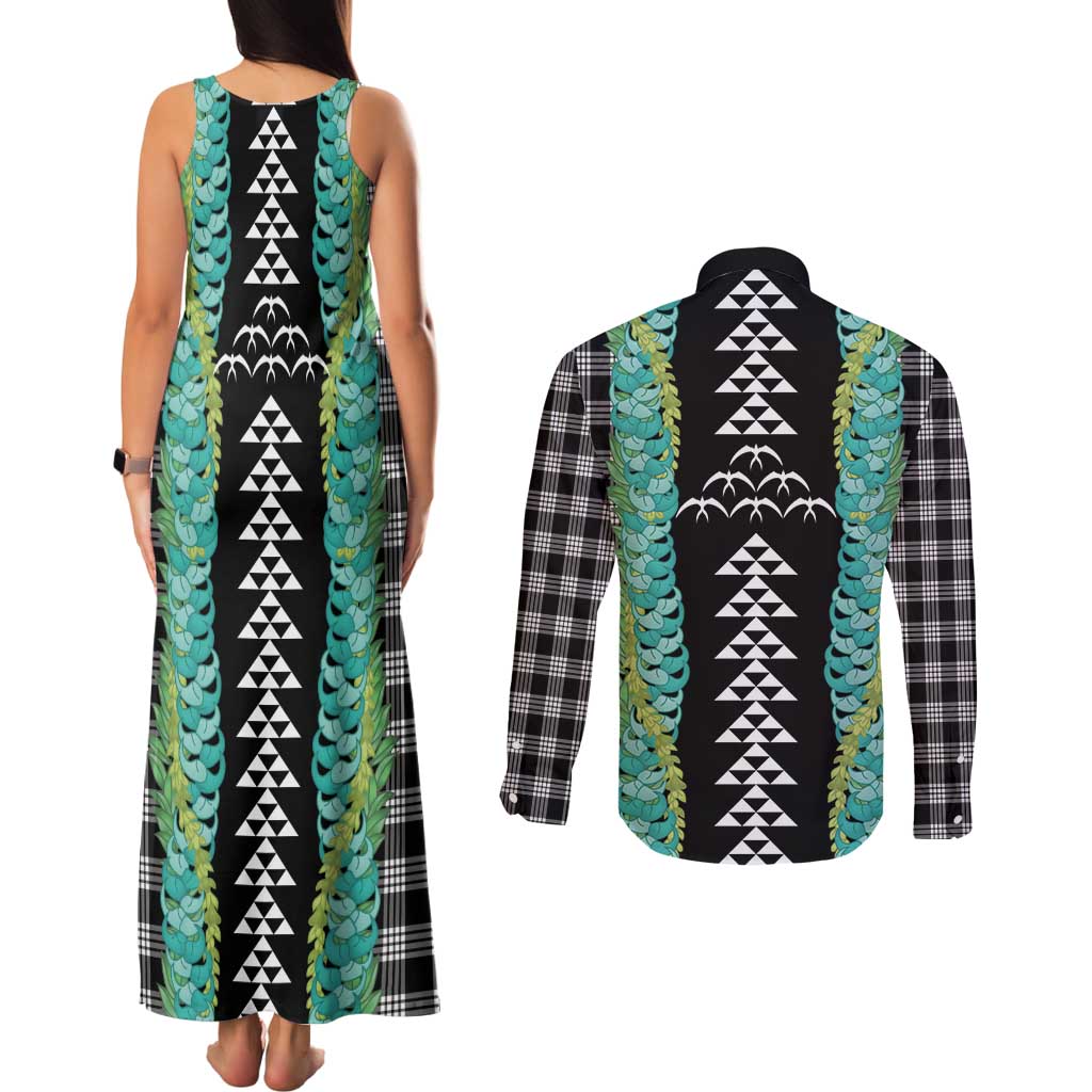 Black Palaka Hawaii Iwa Bird Couples Matching Tank Maxi Dress and Long Sleeve Button Shirt Hawaiian Kakau Jade Vine Lei - Polynesian Pride