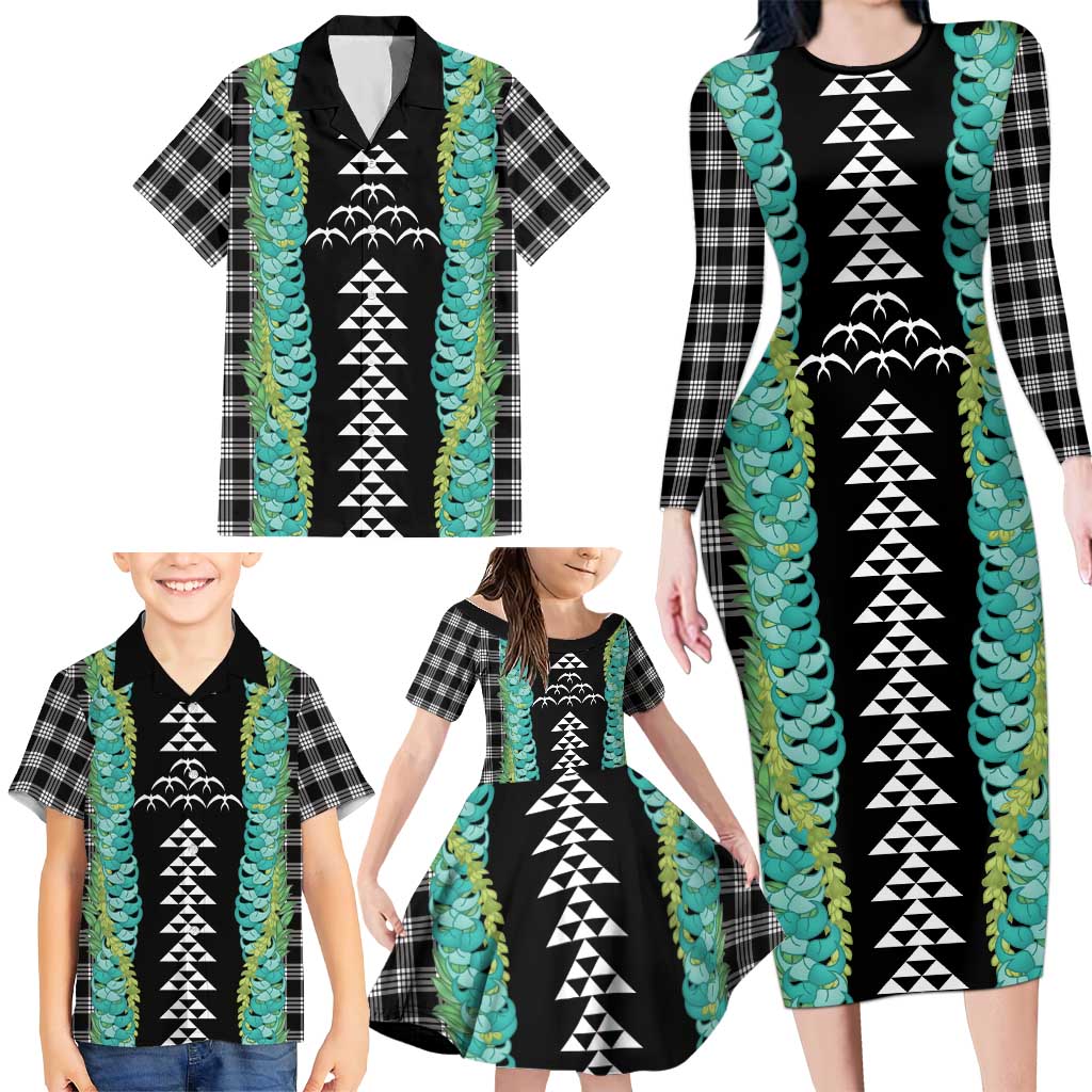 Black Palaka Hawaii Iwa Bird Family Matching Long Sleeve Bodycon Dress and Hawaiian Shirt Hawaiian Kakau Jade Vine Lei LT14 - Polynesian Pride