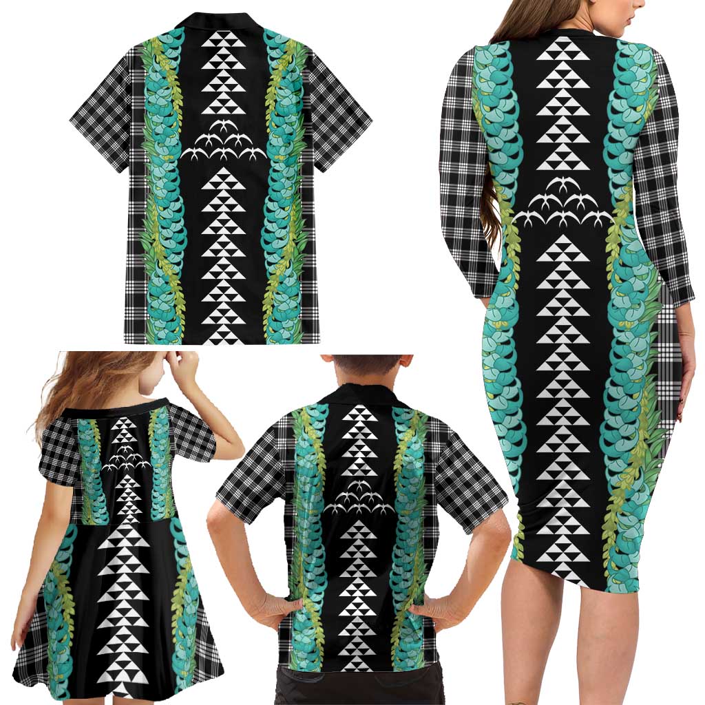 Black Palaka Hawaii Iwa Bird Family Matching Long Sleeve Bodycon Dress and Hawaiian Shirt Hawaiian Kakau Jade Vine Lei - Polynesian Pride