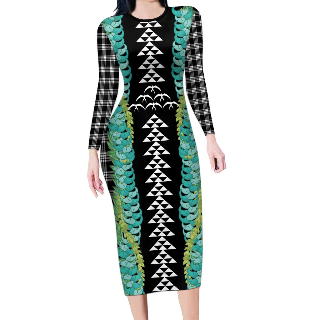 Black Palaka Hawaii Iwa Bird Family Matching Long Sleeve Bodycon Dress and Hawaiian Shirt Hawaiian Kakau Jade Vine Lei - Polynesian Pride
