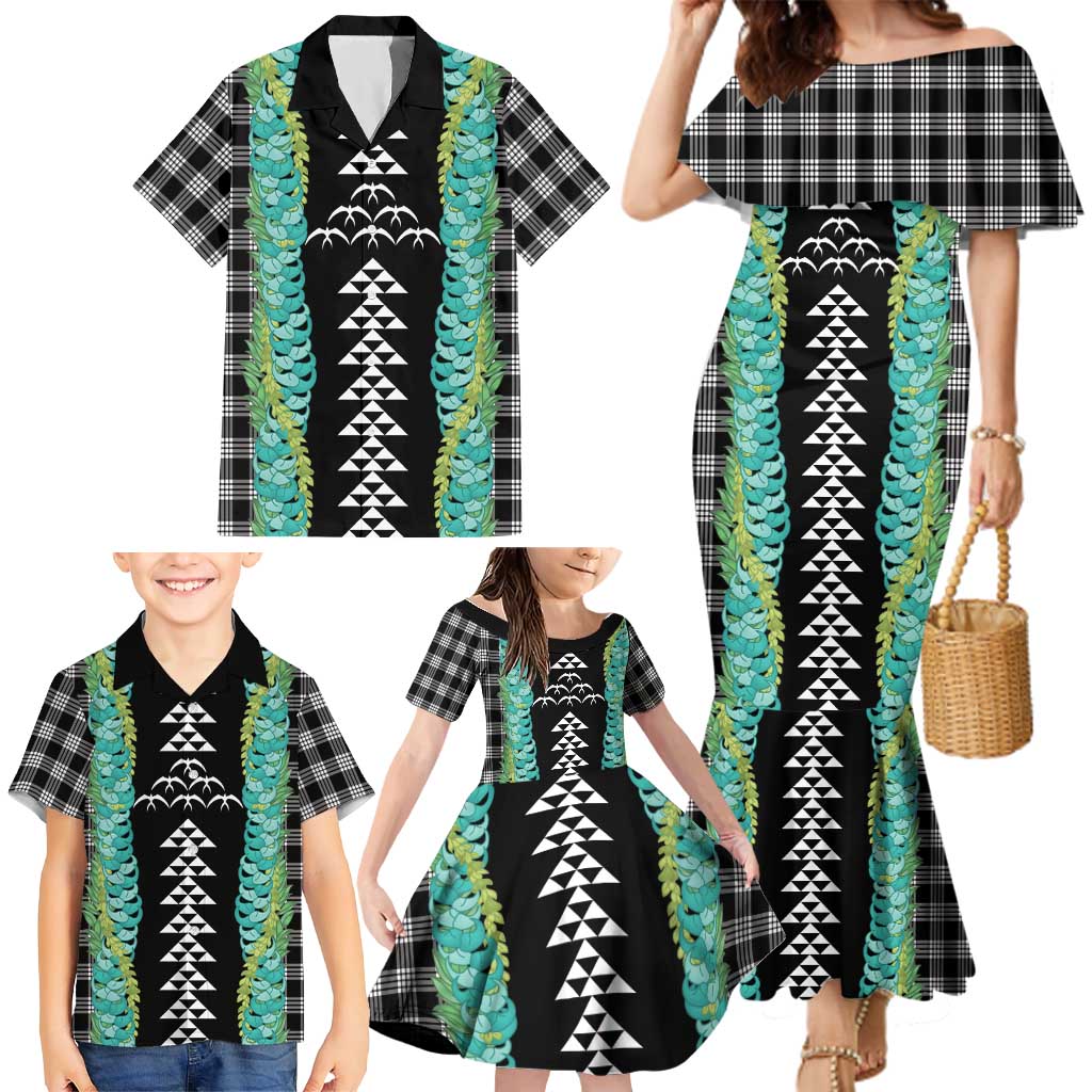 Black Palaka Hawaii Iwa Bird Family Matching Mermaid Dress and Hawaiian Shirt Hawaiian Kakau Jade Vine Lei LT14 - Polynesian Pride