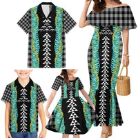 Black Palaka Hawaii Iwa Bird Family Matching Mermaid Dress and Hawaiian Shirt Hawaiian Kakau Jade Vine Lei - Polynesian Pride