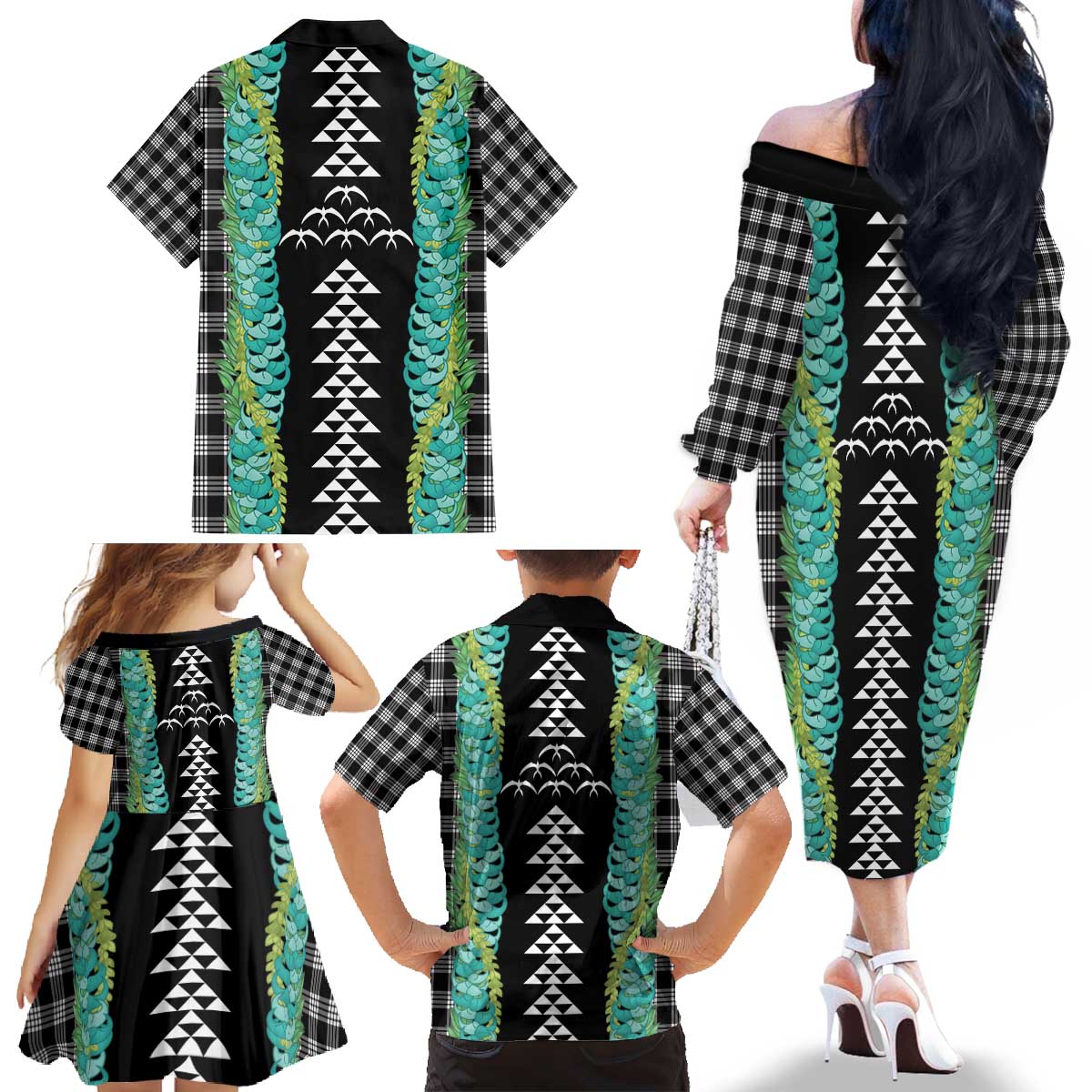 Black Palaka Hawaii Iwa Bird Family Matching Off The Shoulder Long Sleeve Dress and Hawaiian Shirt Hawaiian Kakau Jade Vine Lei - Polynesian Pride