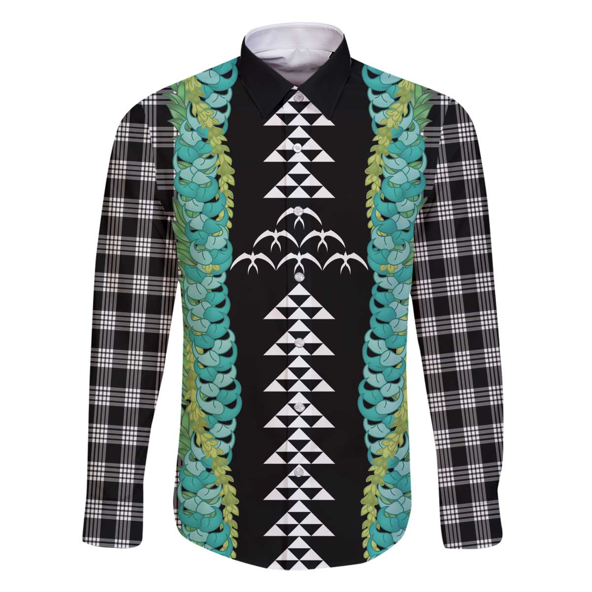 Black Palaka Hawaii Iwa Bird Family Matching Off The Shoulder Long Sleeve Dress and Hawaiian Shirt Hawaiian Kakau Jade Vine Lei - Polynesian Pride