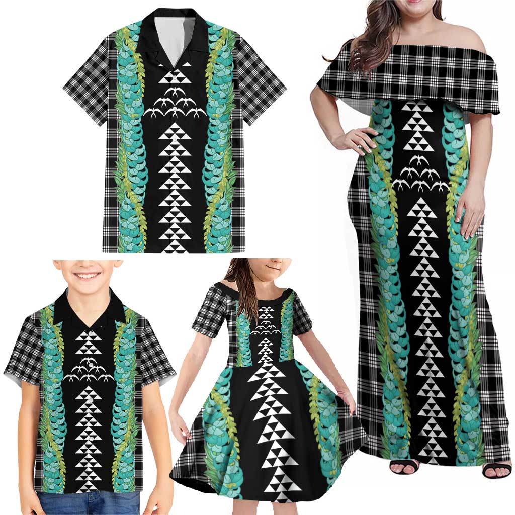 Black Palaka Hawaii Iwa Bird Family Matching Off Shoulder Maxi Dress and Hawaiian Shirt Hawaiian Kakau Jade Vine Lei - Polynesian Pride