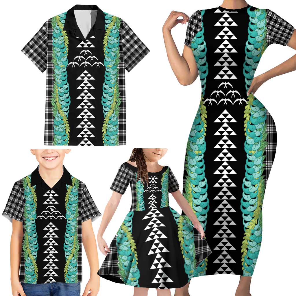 Black Palaka Hawaii Iwa Bird Family Matching Short Sleeve Bodycon Dress and Hawaiian Shirt Hawaiian Kakau Jade Vine Lei - Polynesian Pride