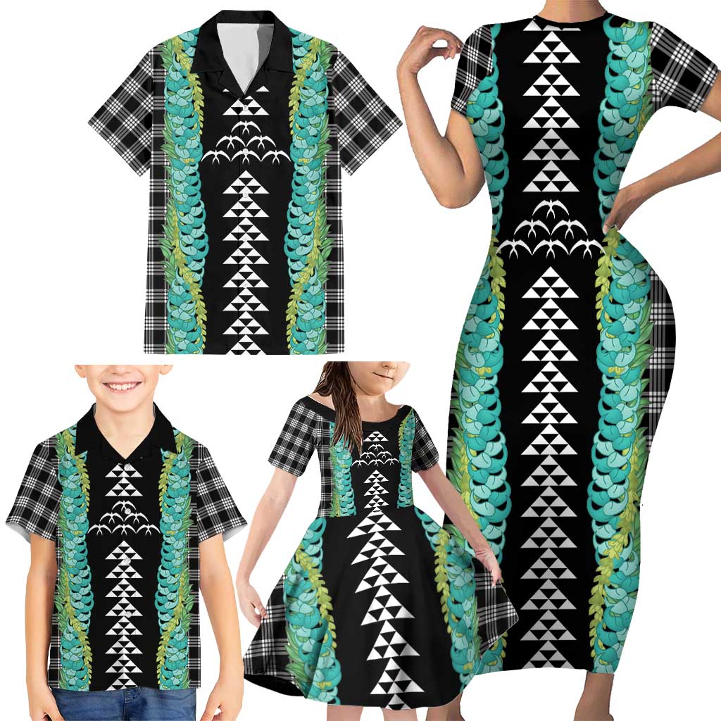 Black Palaka Hawaii Iwa Bird Family Matching Short Sleeve Bodycon Dress and Hawaiian Shirt Hawaiian Kakau Jade Vine Lei LT14 - Polynesian Pride