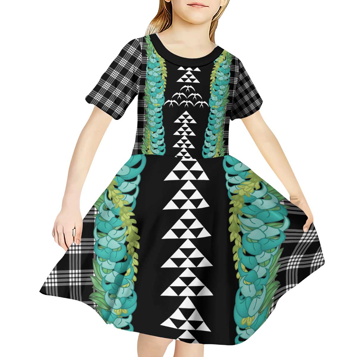 Black Palaka Hawaii Iwa Bird Kid Short Sleeve Dress Hawaiian Kakau Jade Vine Lei - Polynesian Pride