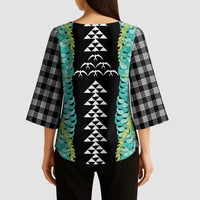 Black Palaka Hawaii Iwa Bird Kimono Sleeve Blouse Hawaiian Kakau Jade Vine Lei - Polynesian Pride