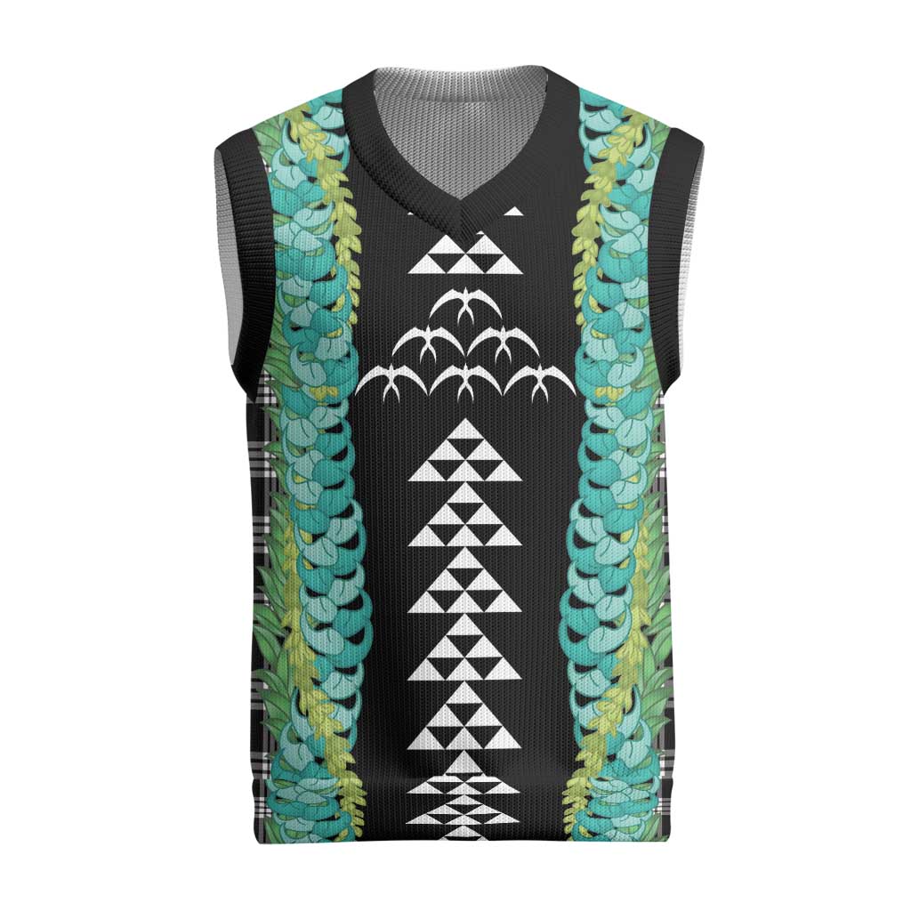 Black Palaka Hawaii Iwa Bird Christmas Knitted V-Neck Vest Hawaiian Kakau Jade Vine Lei - Polynesian Pride