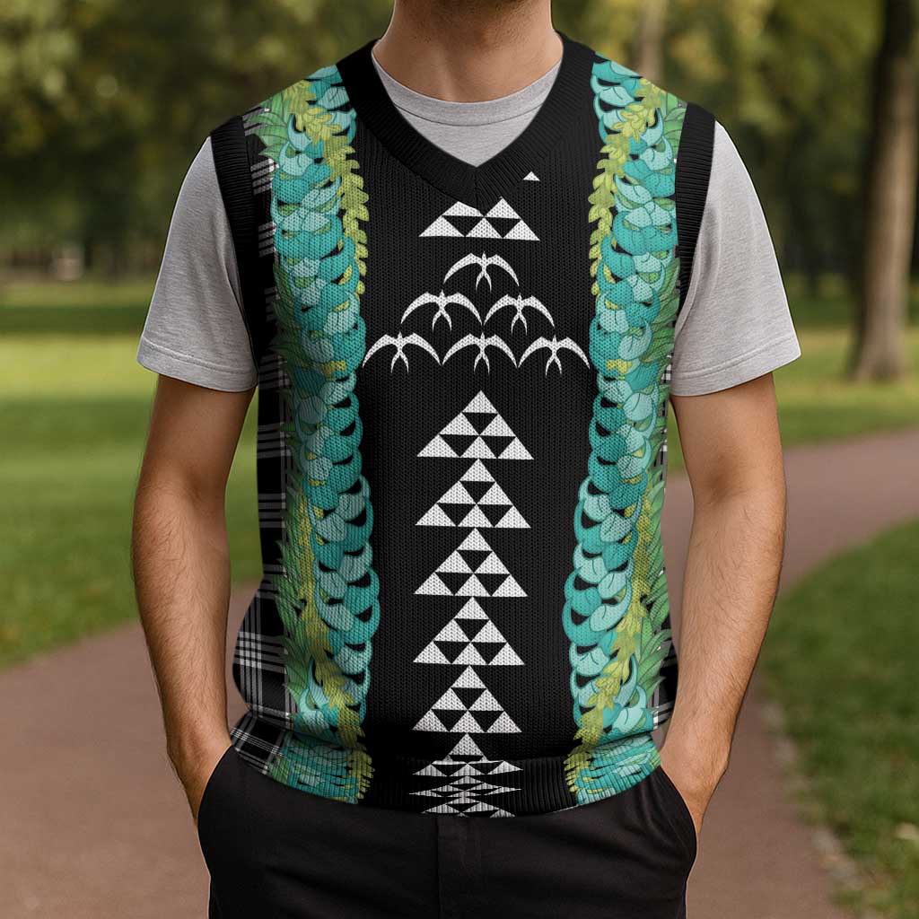 Black Palaka Hawaii Iwa Bird Christmas Knitted V-Neck Vest Hawaiian Kakau Jade Vine Lei - Polynesian Pride