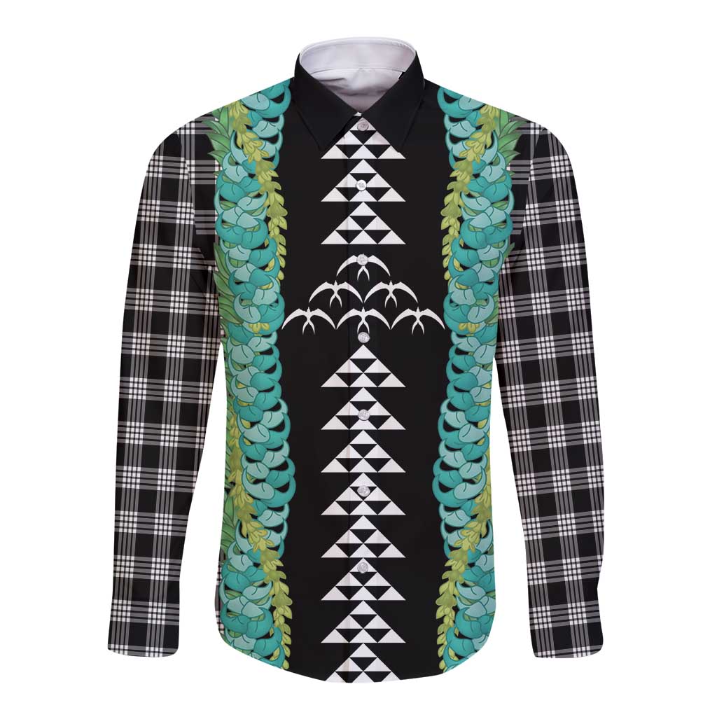 Black Palaka Hawaii Iwa Bird Long Sleeve Button Shirt Hawaiian Kakau Jade Vine Lei LT14 Unisex Black - Polynesian Pride