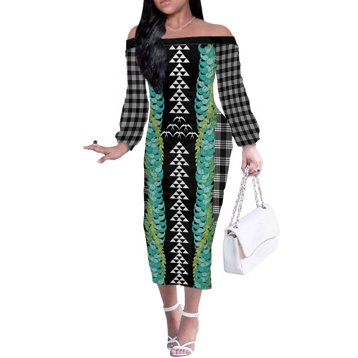 Black Palaka Hawaii Iwa Bird Off The Shoulder Long Sleeve Dress Hawaiian Kakau Jade Vine Lei - Polynesian Pride