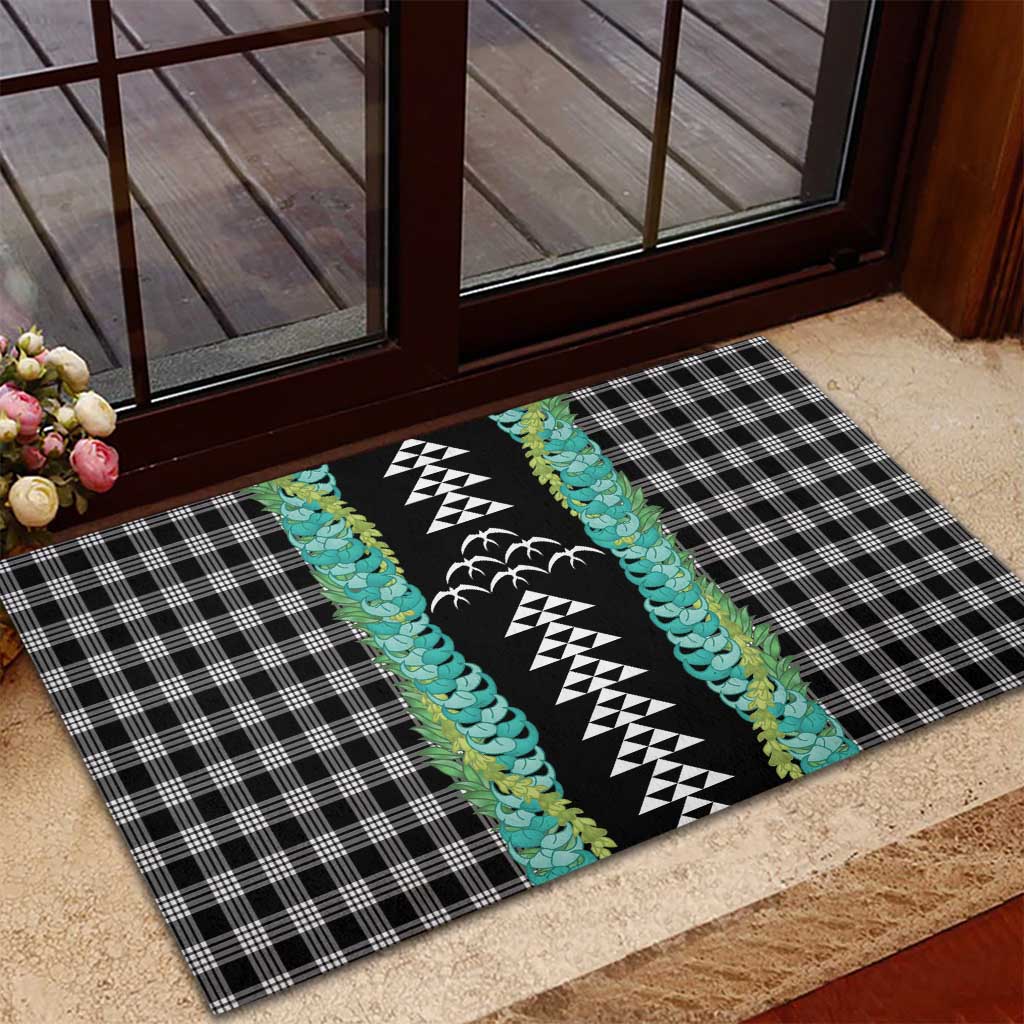 Black Palaka Hawaii Iwa Bird Rubber Doormat Hawaiian Kakau Jade Vine Lei - Polynesian Pride