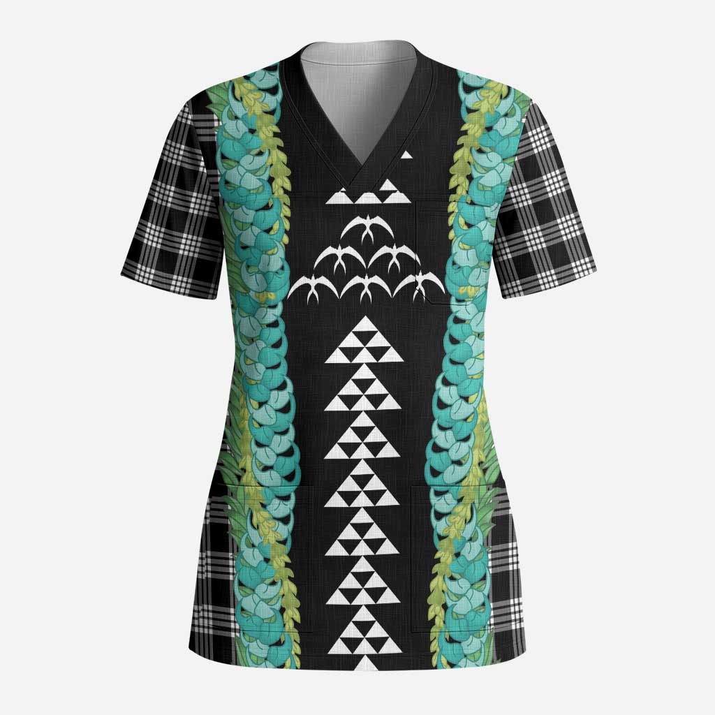 Black Palaka Hawaii Iwa Bird Scrub Top Hawaiian Kakau Jade Vine Lei LT14 Adult Black - Polynesian Pride