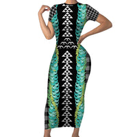 Black Palaka Hawaii Iwa Bird Short Sleeve Bodycon Dress Hawaiian Kakau Jade Vine Lei - Polynesian Pride