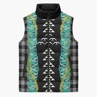 Black Palaka Hawaii Iwa Bird Sleeveless Puffer Jacket Hawaiian Kakau Jade Vine Lei - Polynesian Pride