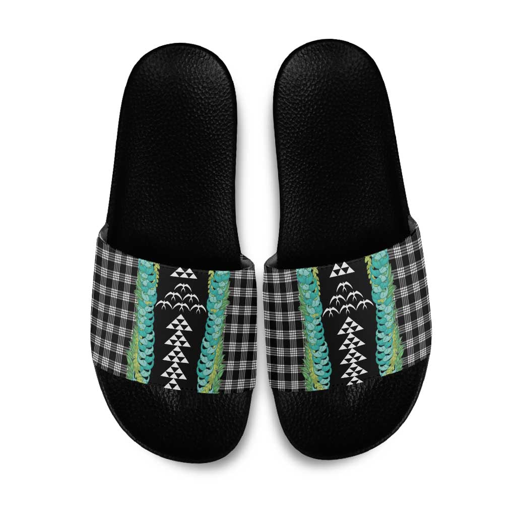 Black Palaka Hawaii Iwa Bird Slide Sandals Hawaiian Kakau Jade Vine Lei LT14 Black - Polynesian Pride