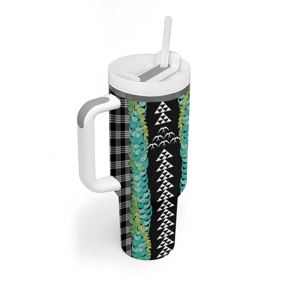 Black Palaka Hawaii Iwa Bird Tumbler With Handle Hawaiian Kakau Jade Vine Lei - Polynesian Pride