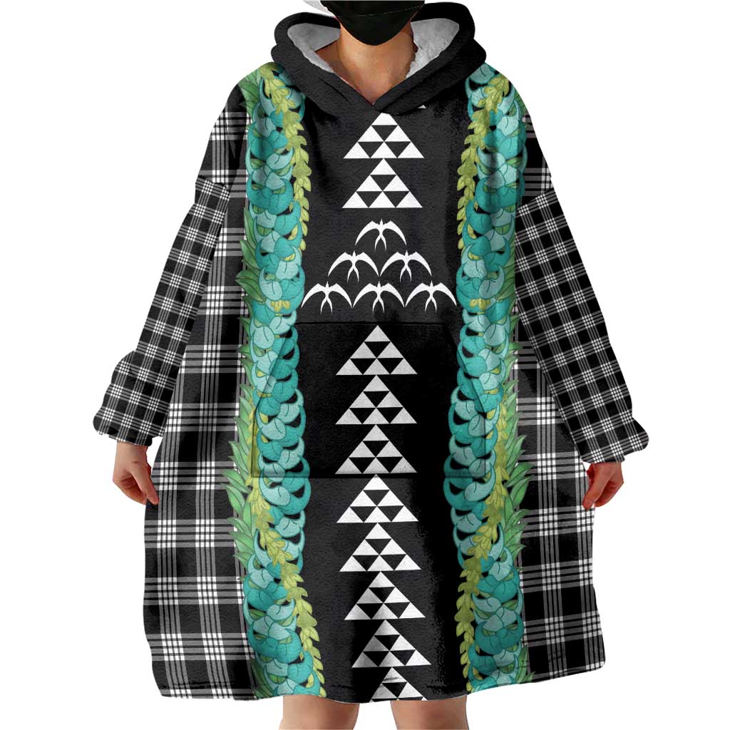 Black Palaka Hawaii Iwa Bird Wearable Blanket Hoodie Hawaiian Kakau Jade Vine Lei - Polynesian Pride