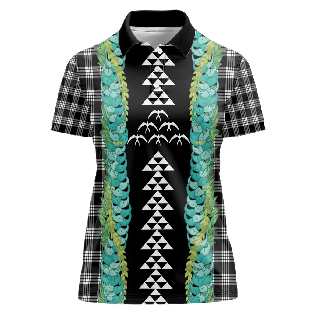 Black Palaka Hawaii Iwa Bird Women Polo Shirt Hawaiian Kakau Jade Vine Lei - Polynesian Pride