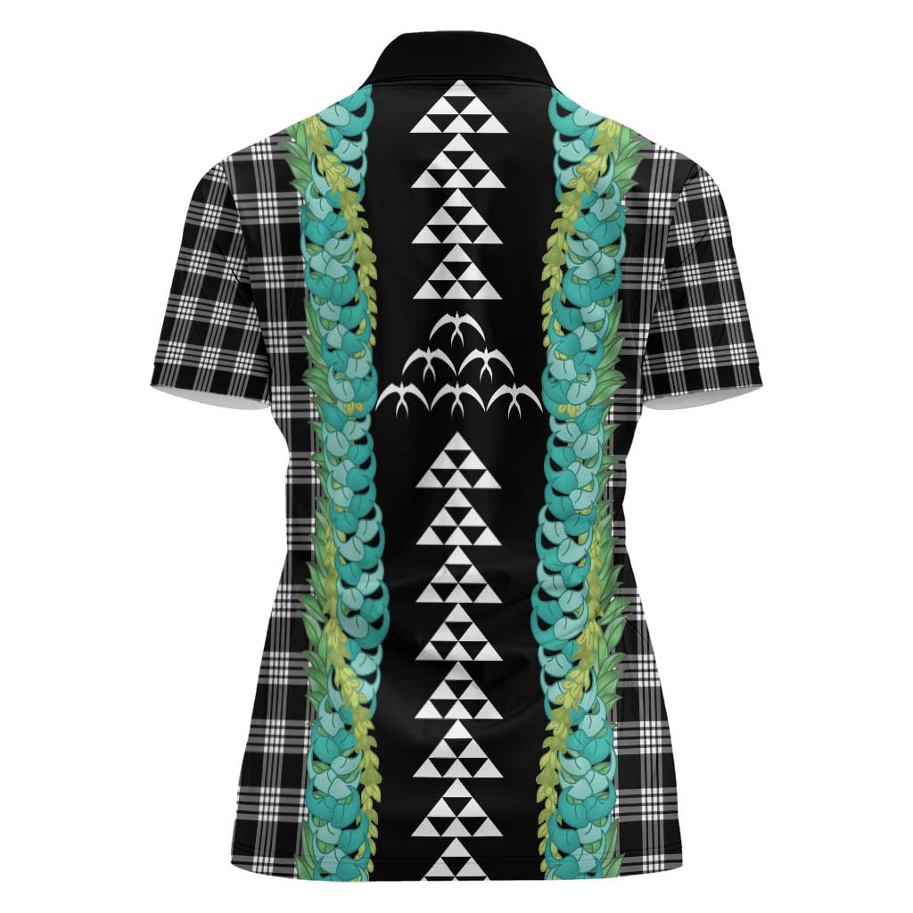 Black Palaka Hawaii Iwa Bird Women Polo Shirt Hawaiian Kakau Jade Vine Lei - Polynesian Pride