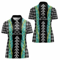 Black Palaka Hawaii Iwa Bird Women Polo Shirt Hawaiian Kakau Jade Vine Lei - Polynesian Pride