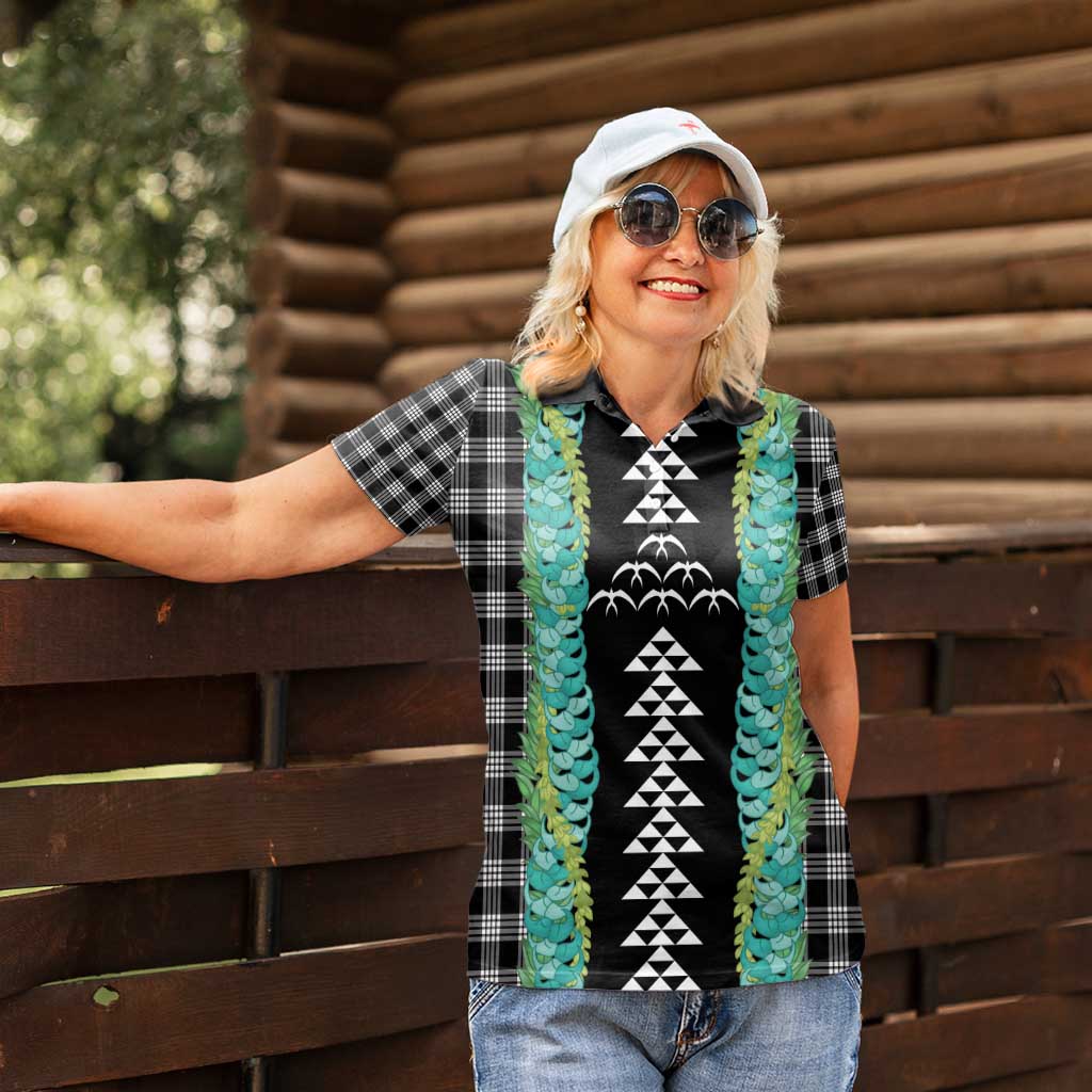 Black Palaka Hawaii Iwa Bird Women Polo Shirt Hawaiian Kakau Jade Vine Lei - Polynesian Pride