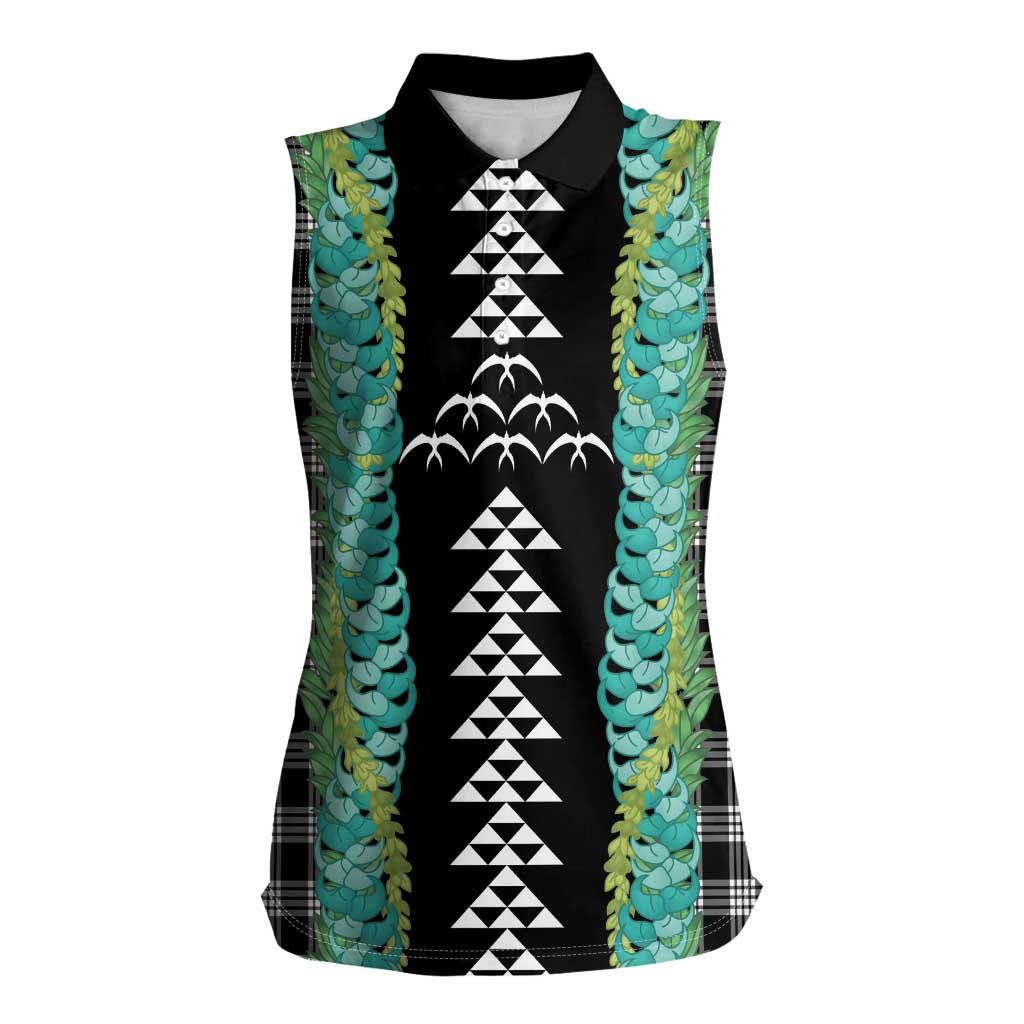 Black Palaka Hawaii Iwa Bird Women Sleeveless Polo Shirt Hawaiian Kakau Jade Vine Lei - Polynesian Pride