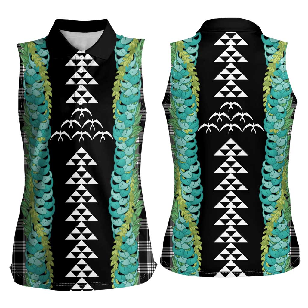 Black Palaka Hawaii Iwa Bird Women Sleeveless Polo Shirt Hawaiian Kakau Jade Vine Lei - Polynesian Pride