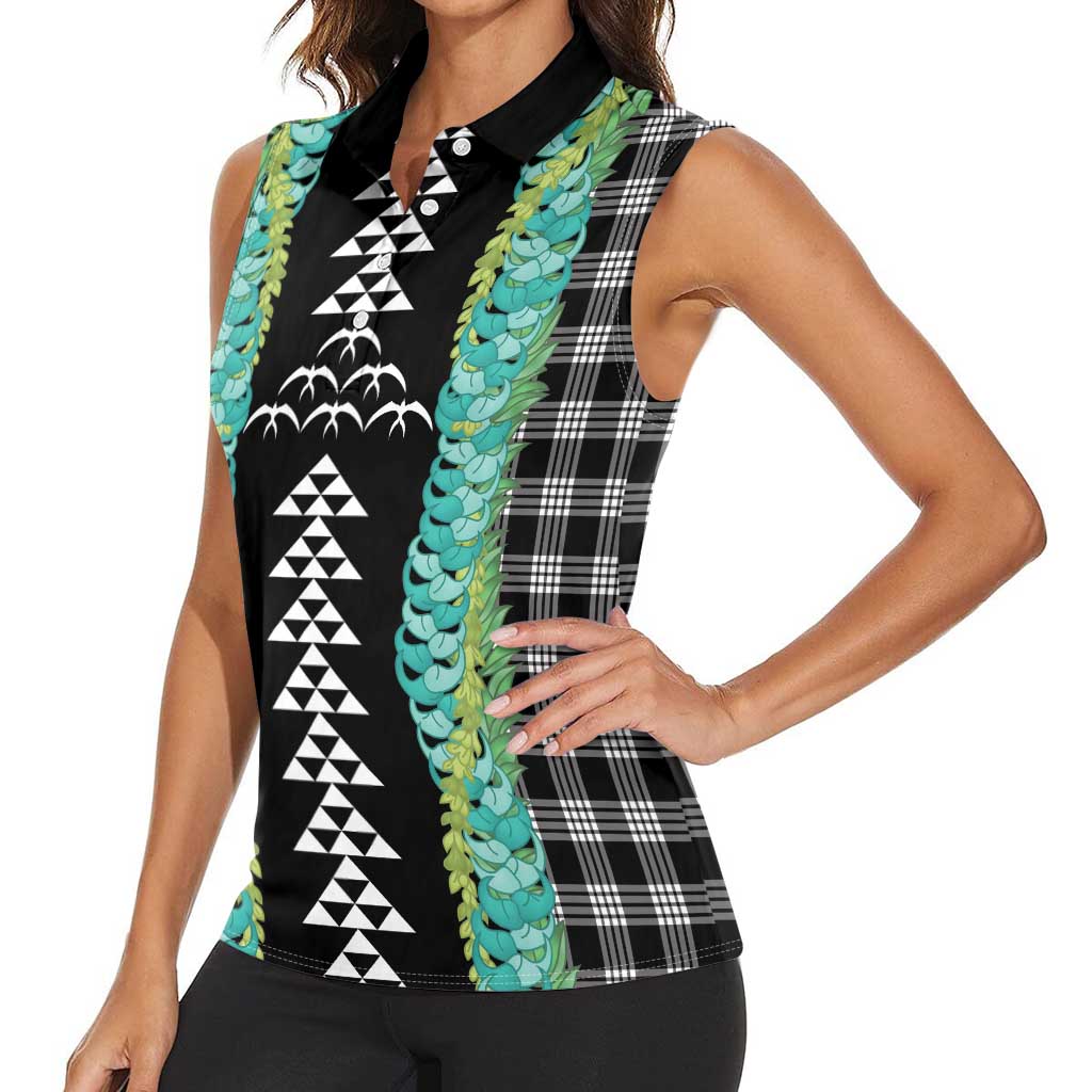 Black Palaka Hawaii Iwa Bird Women Sleeveless Polo Shirt Hawaiian Kakau Jade Vine Lei - Polynesian Pride