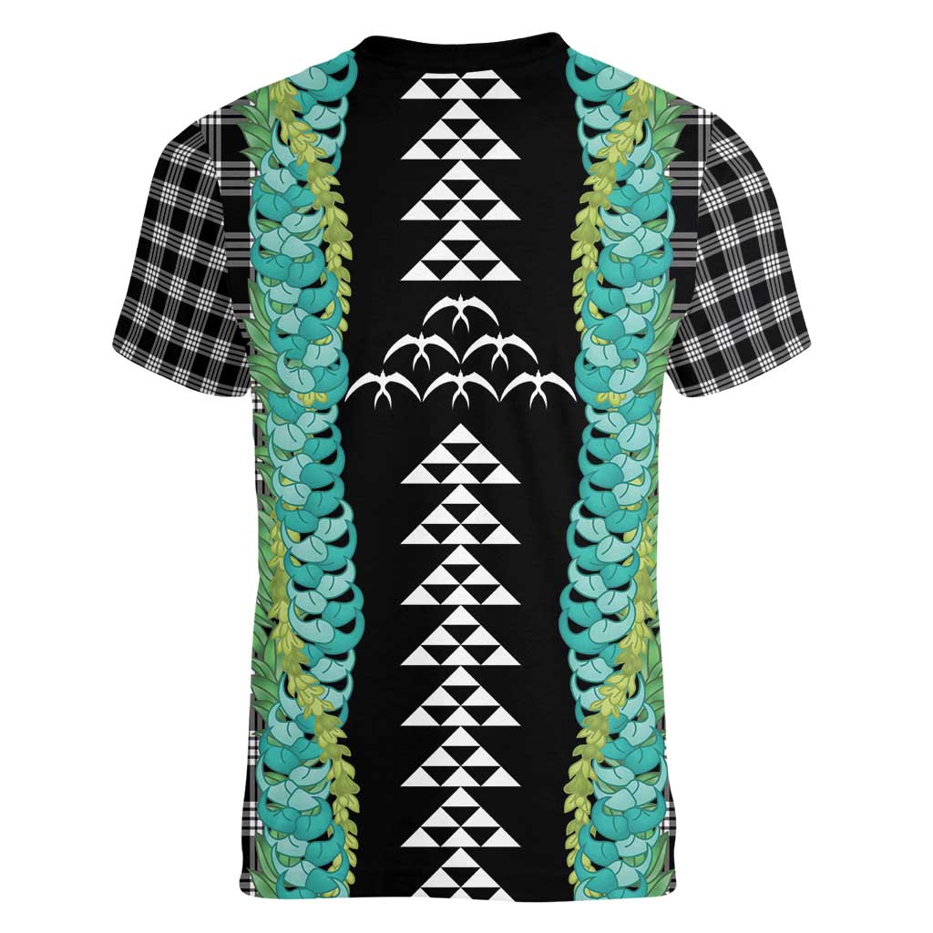 Black Palaka Hawaii Iwa Bird Women V-Neck T-Shirt Hawaiian Kakau Jade Vine Lei - Polynesian Pride
