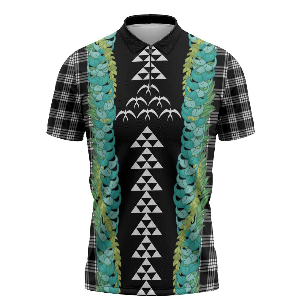 Black Palaka Hawaii Iwa Bird Zipper Polo Shirt Hawaiian Kakau Jade Vine Lei - Polynesian Pride