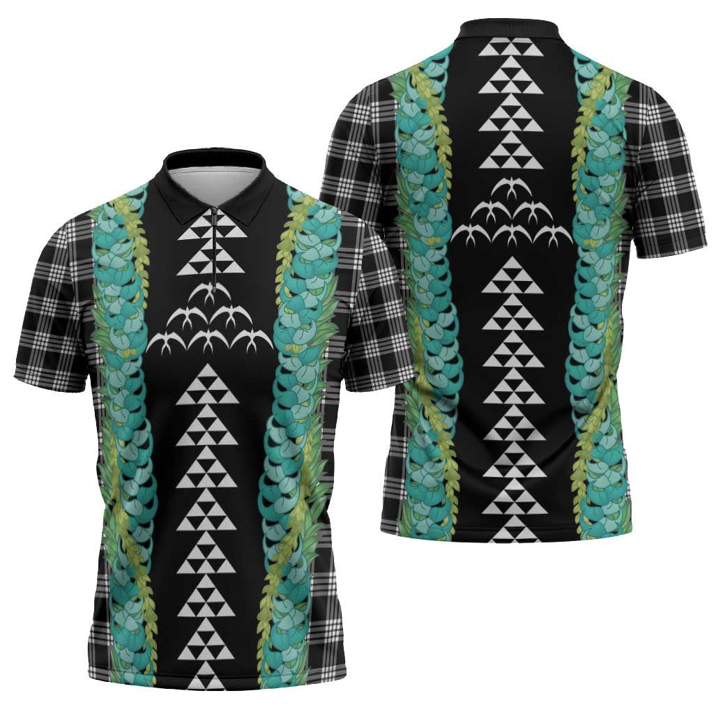 Black Palaka Hawaii Iwa Bird Zipper Polo Shirt Hawaiian Kakau Jade Vine Lei - Polynesian Pride