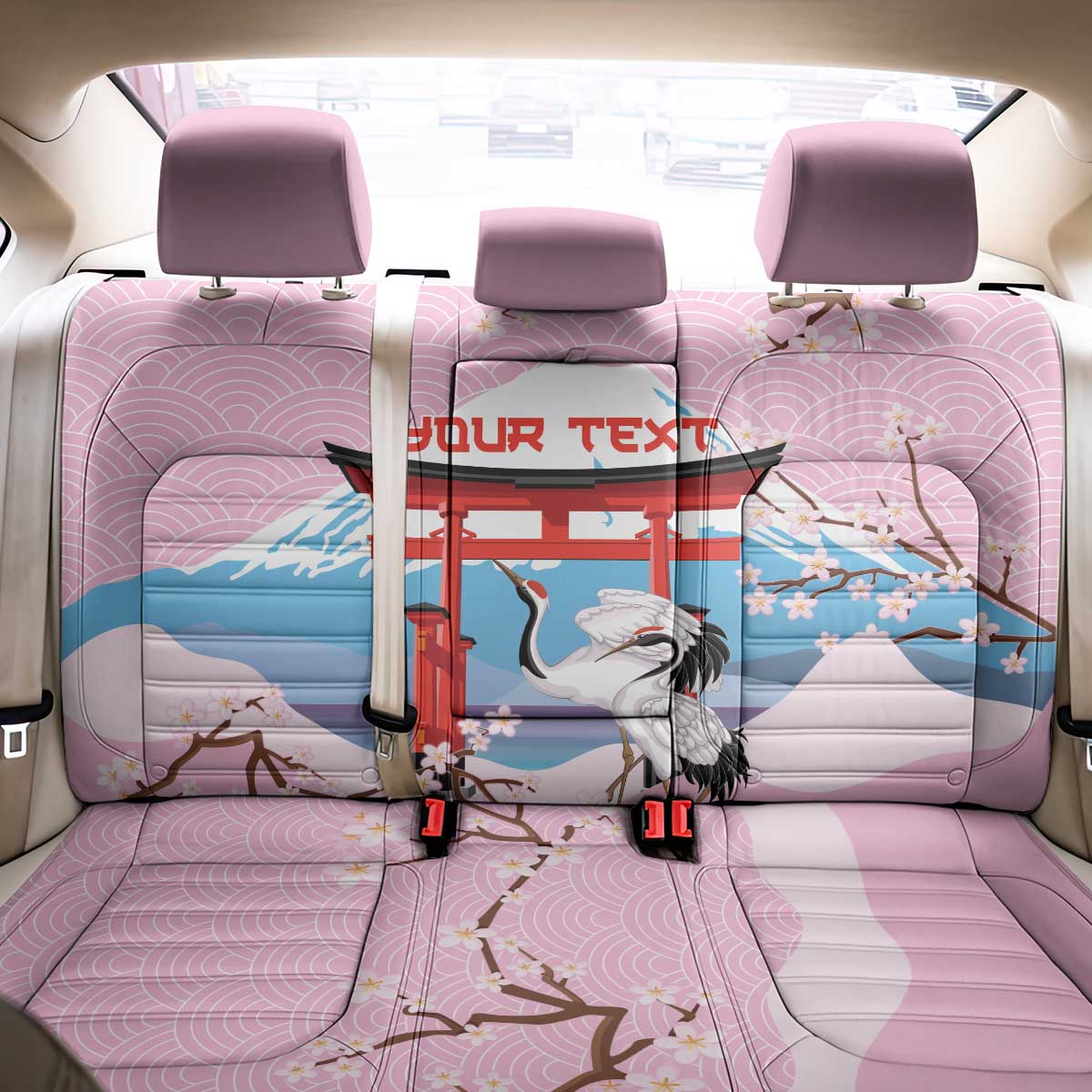 Japanese Torii Gate Cranes Personalised Back Car Seat Cover Fuji Mount Sakura Seigaiha Pattern
