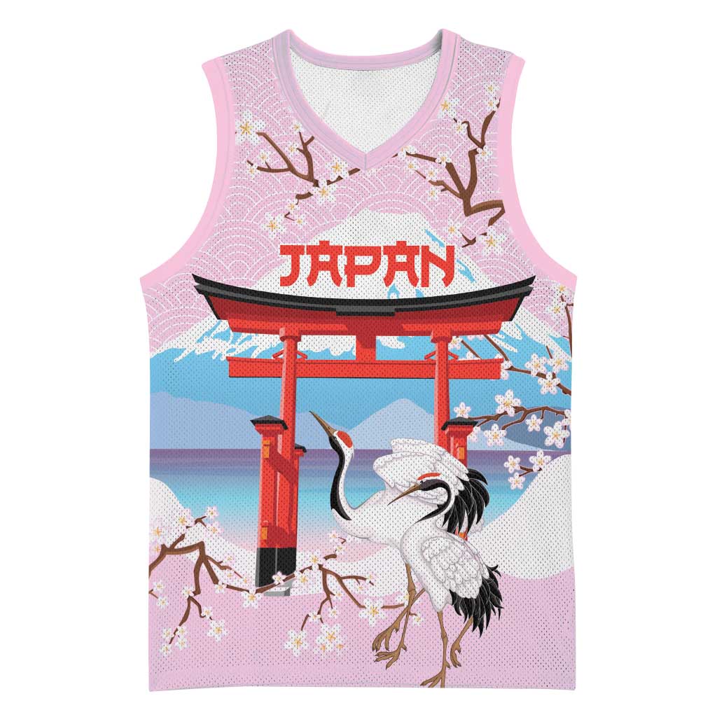 Japanese Torii Gate Cranes Personalised Basketball Jersey Fuji Mount Sakura Seigaiha Pattern