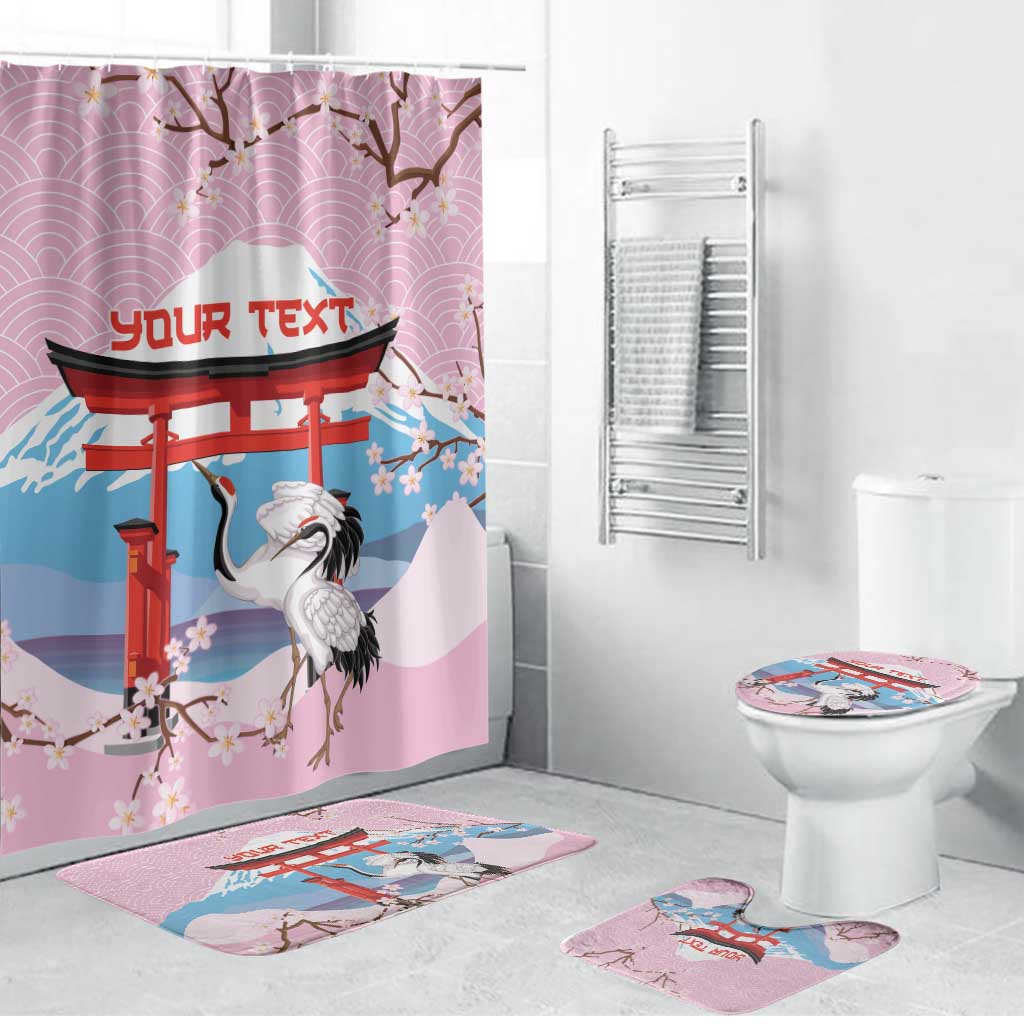 Japanese Torii Gate Cranes Personalised Bathroom Set Fuji Mount Sakura Seigaiha Pattern