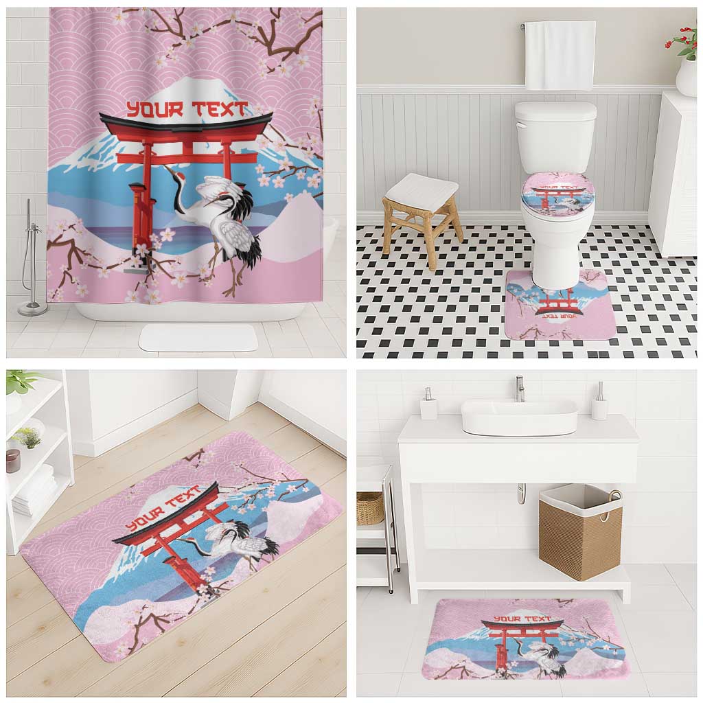 Japanese Torii Gate Cranes Personalised Bathroom Set Fuji Mount Sakura Seigaiha Pattern