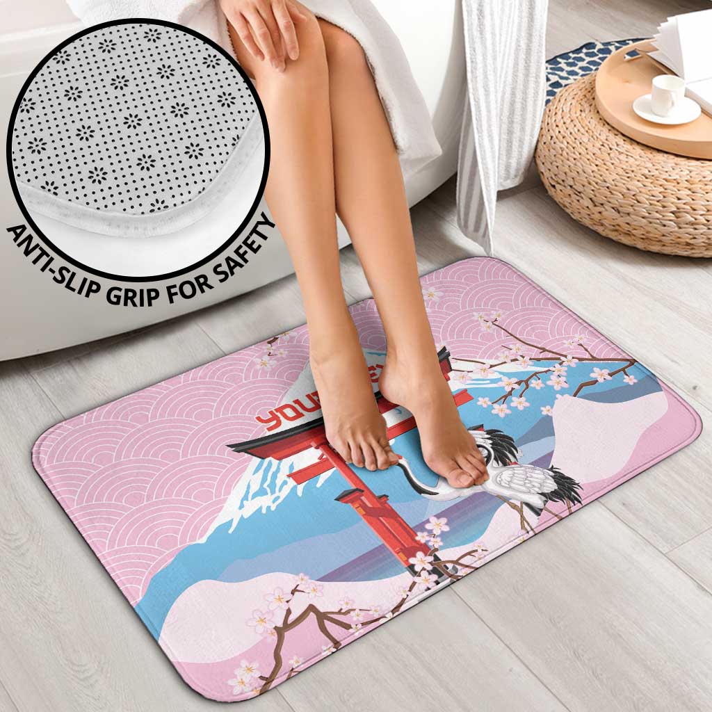 Japanese Torii Gate Cranes Personalised Bathroom Set Fuji Mount Sakura Seigaiha Pattern