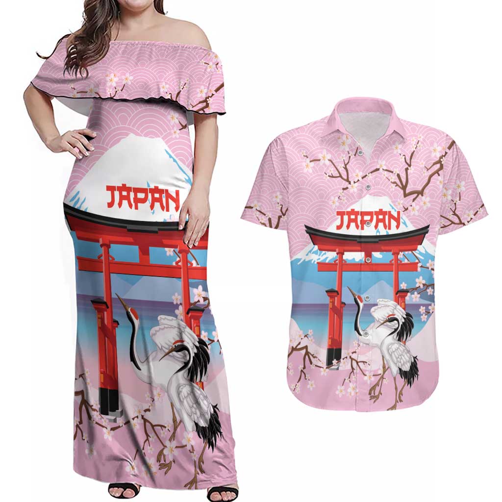 Japanese Torii Gate Cranes Personalised Couples Matching Off Shoulder Maxi Dress and Hawaiian Shirt Fuji Mount Sakura Seigaiha Pattern