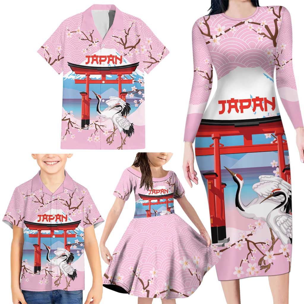 Japanese Torii Gate Cranes Personalised Family Matching Long Sleeve Bodycon Dress and Hawaiian Shirt Fuji Mount Sakura Seigaiha Pattern