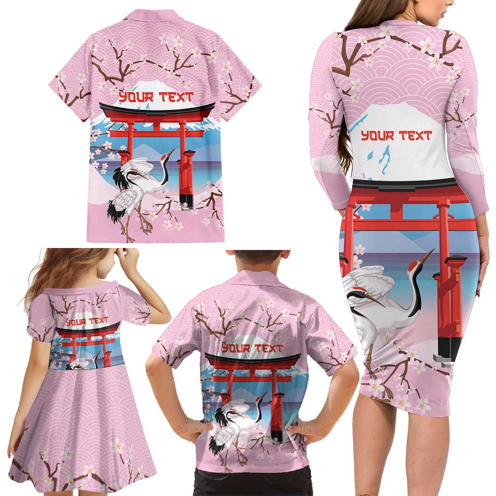 Japanese Torii Gate Cranes Personalised Family Matching Long Sleeve Bodycon Dress and Hawaiian Shirt Fuji Mount Sakura Seigaiha Pattern