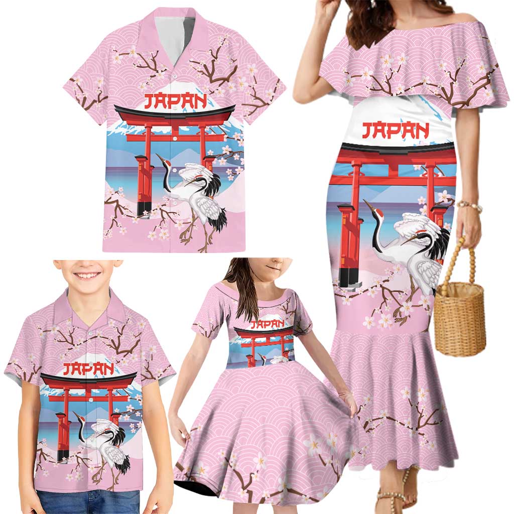 Japanese Torii Gate Cranes Personalised Family Matching Mermaid Dress and Hawaiian Shirt Fuji Mount Sakura Seigaiha Pattern