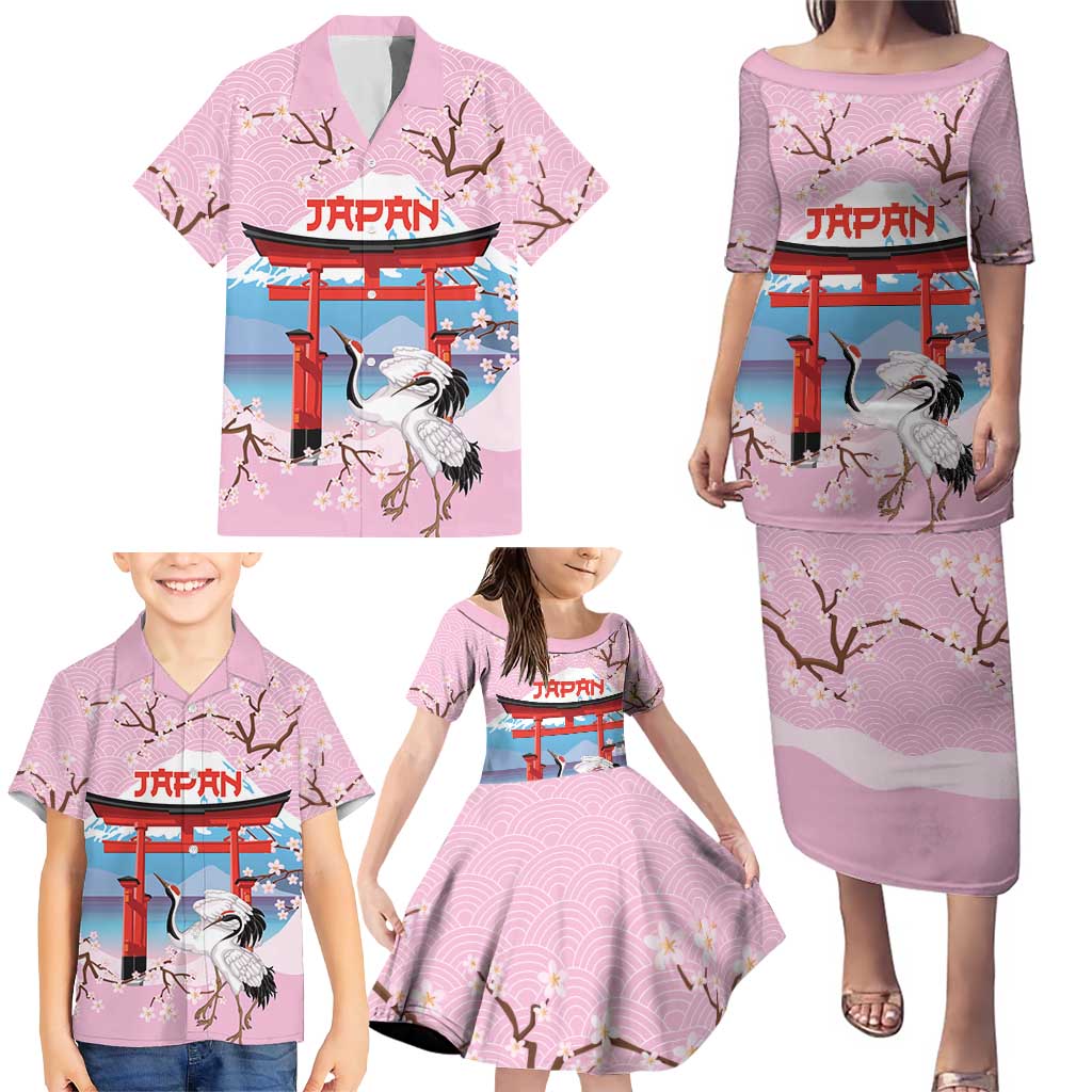 Japanese Torii Gate Cranes Personalised Family Matching Puletasi and Hawaiian Shirt Fuji Mount Sakura Seigaiha Pattern LT14 - Polynesian Pride
