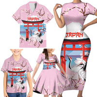 Japanese Torii Gate Cranes Personalised Family Matching Short Sleeve Bodycon Dress and Hawaiian Shirt Fuji Mount Sakura Seigaiha Pattern